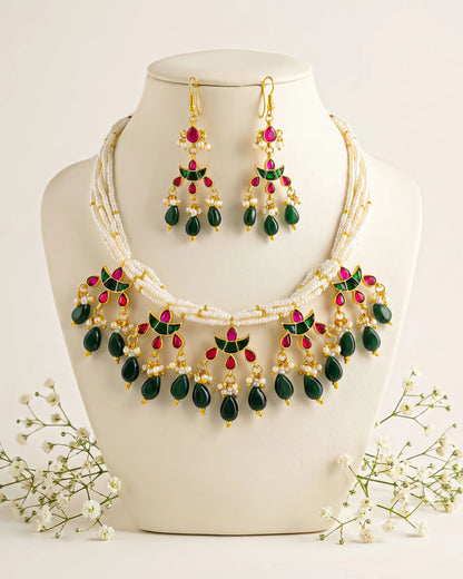Gold Plated Kundan Pearl Necklace Set, Indian Bridal Choker with Earrings Jewelry