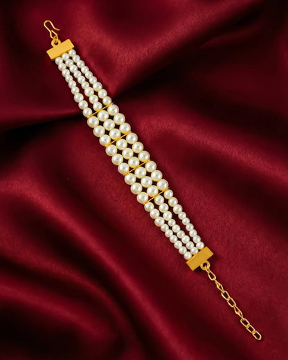 Handmade Kundan Pearl Beaded Bracelet, Gold Tone Ethnic Bridal Jewelry