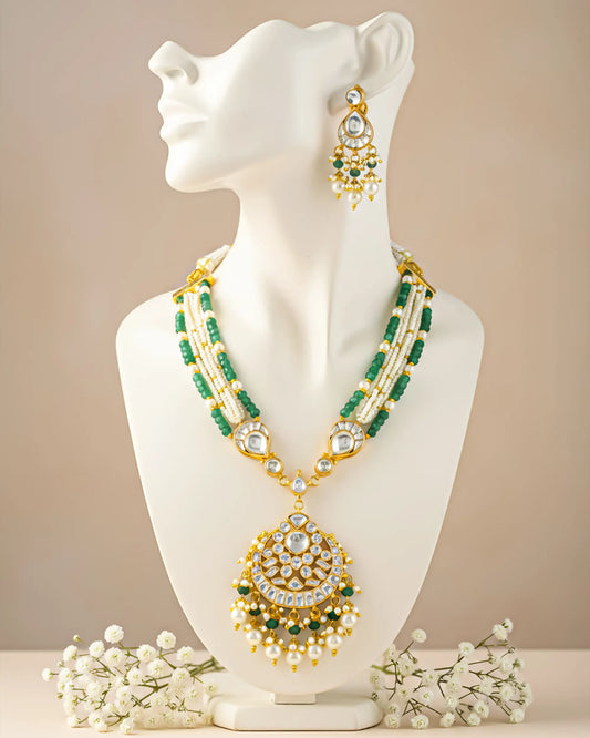 Kundan Pearl Necklace Set, Green Meenakari Ethnic Bridal Jewelry, Multi-Strand Pendant with Earrings