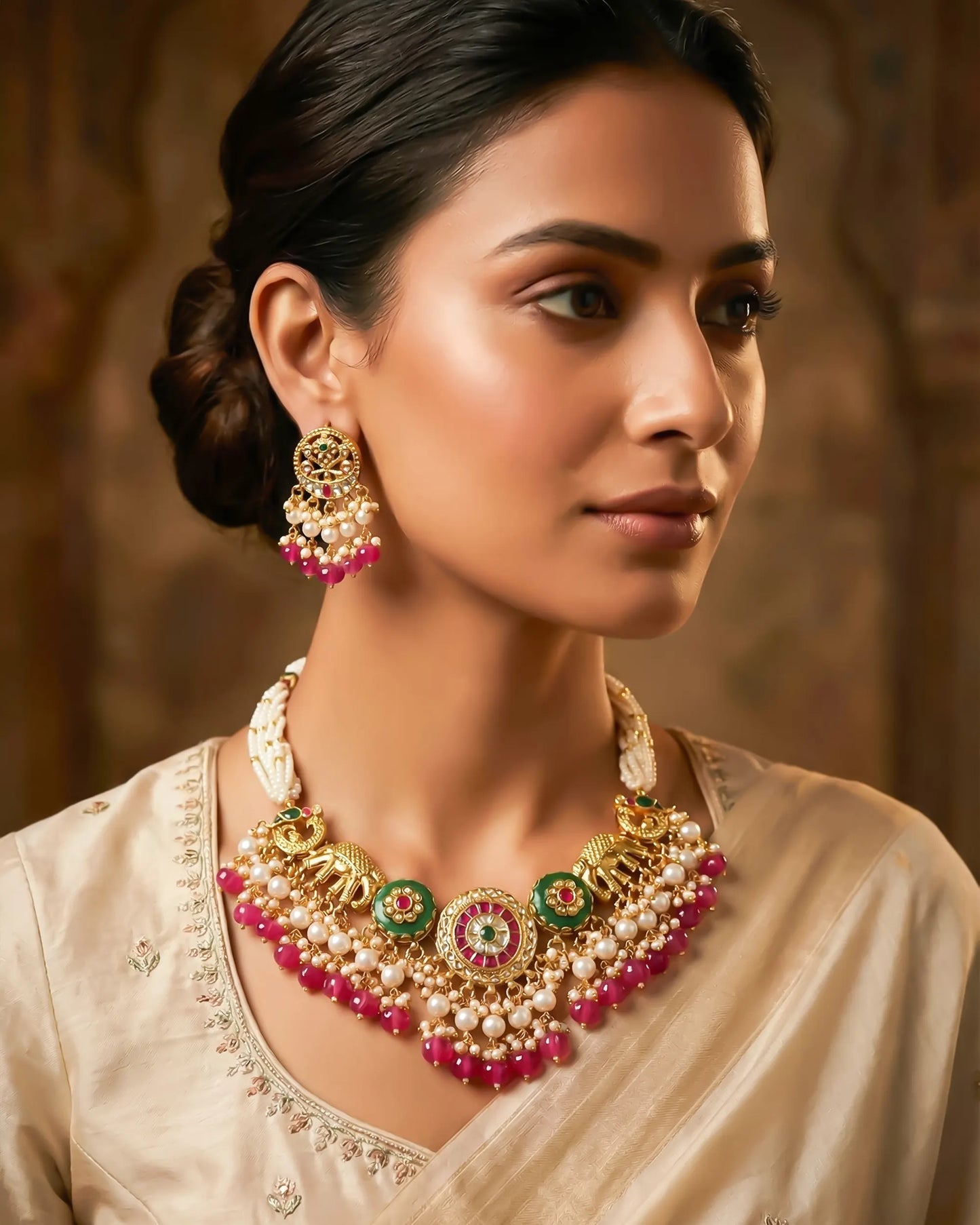 Antique Gold Pearl Necklace Set, Pink Green Stones, Traditional Indian Bridal Jewelry