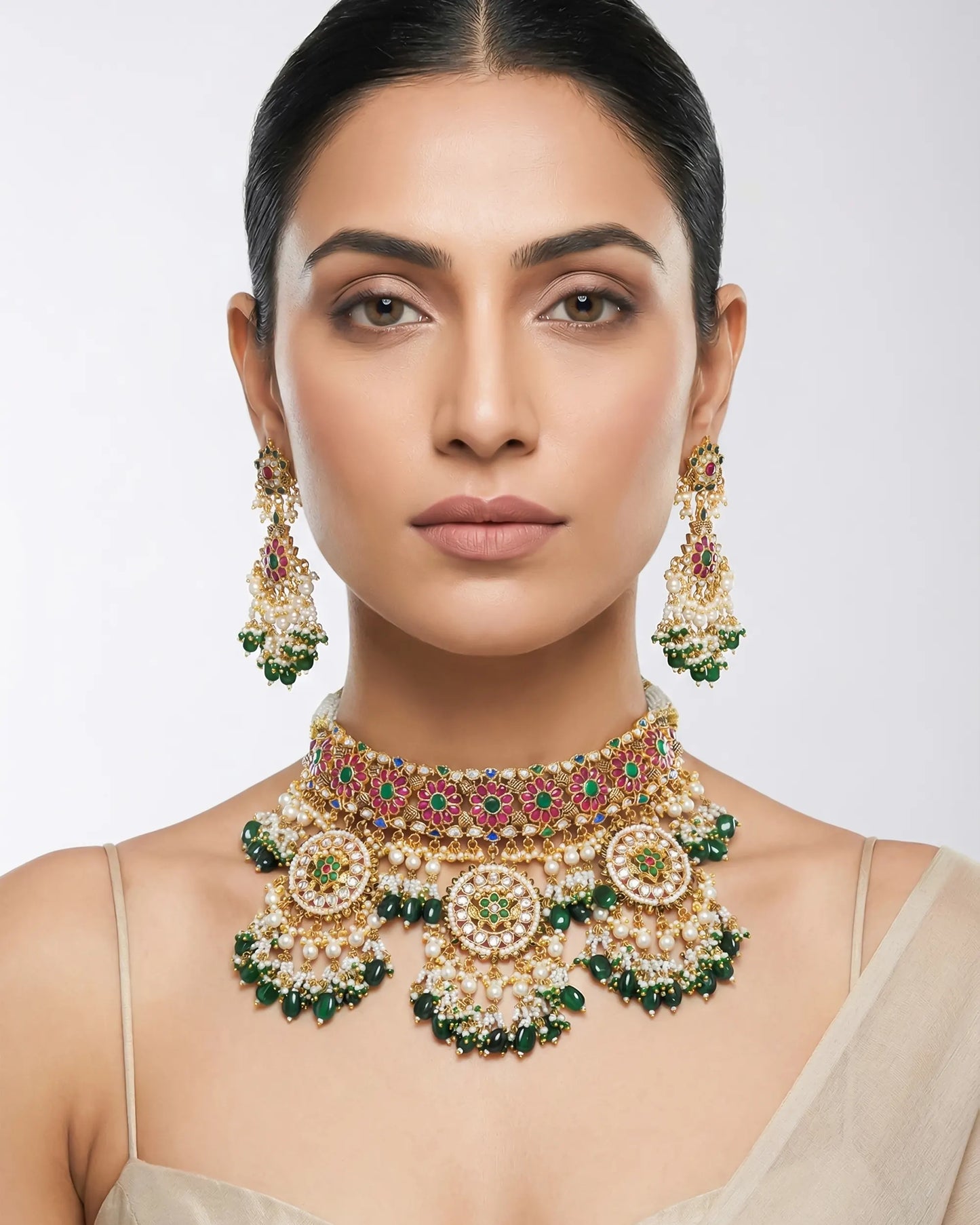 Bridal Antique Gold Choker Necklace Set with Earrings Kundan Meenakari and Green Beads
