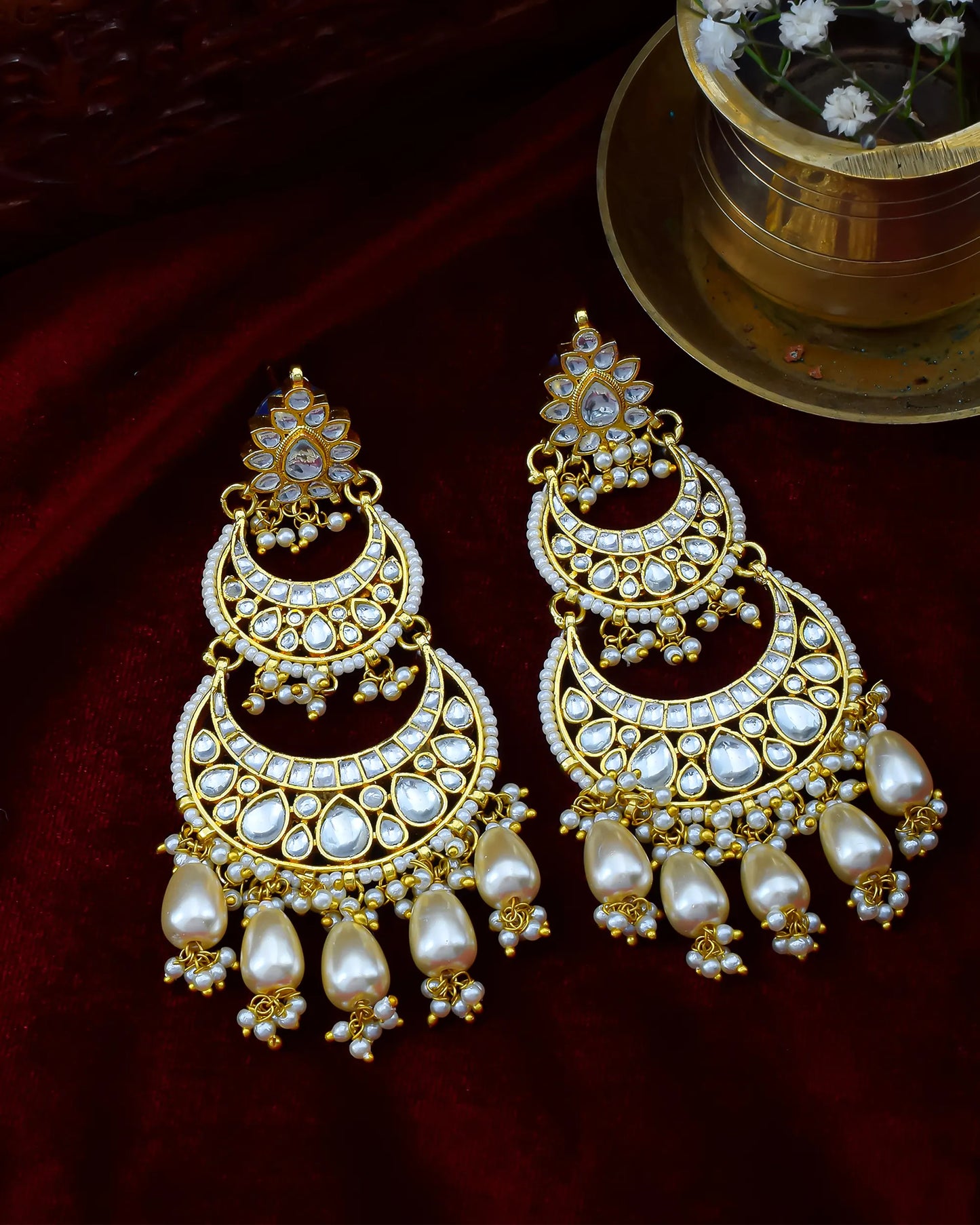 Jadau Chandbali Earrings, Polki Pearl Drop Gold Plated Jewelry
