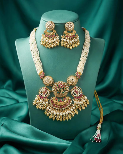 Multi Strand Pearl Antique Necklace Set, Kundan Meenakari Bridal Jewelry, Traditional Gold Statement Necklace