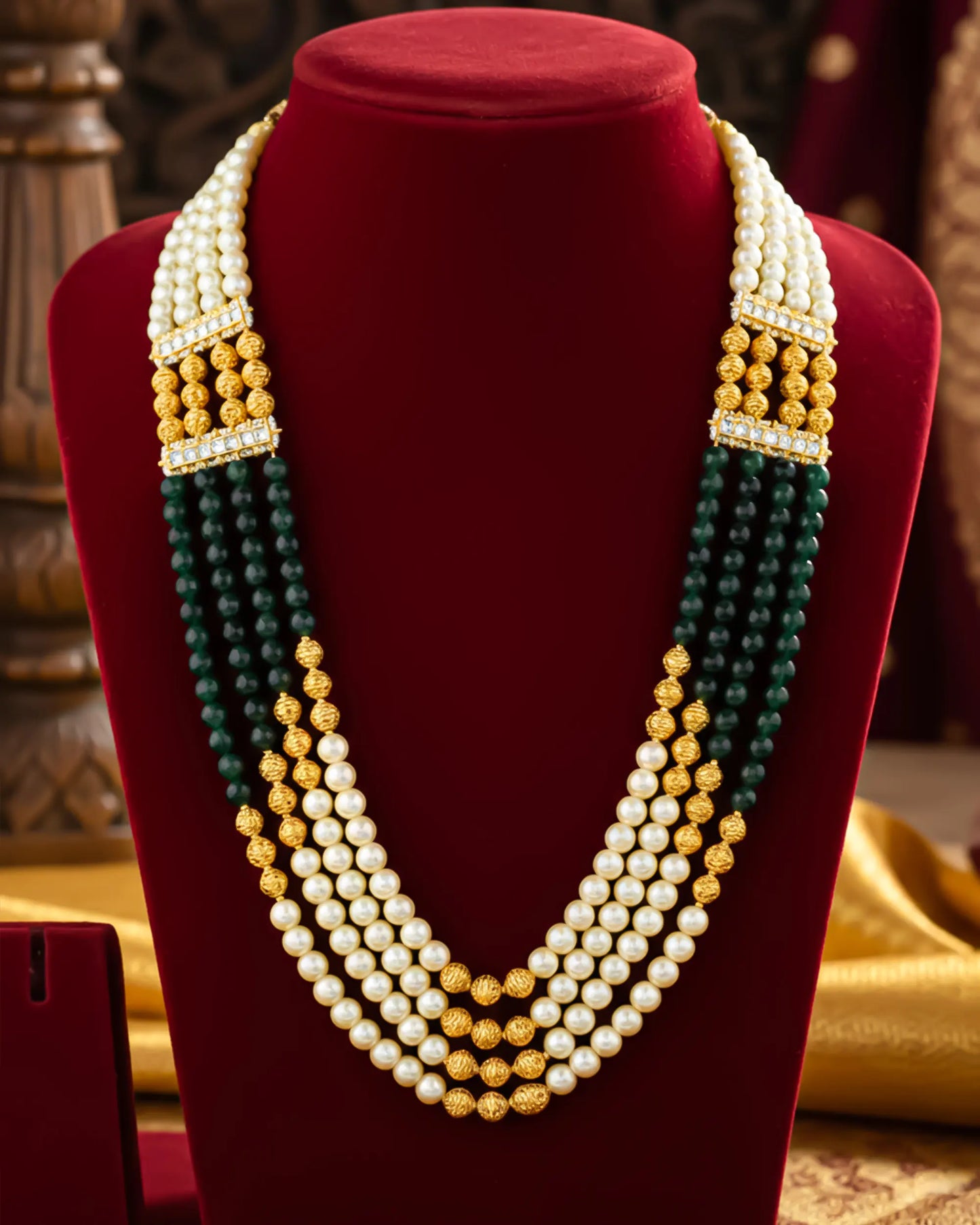Wedding Groom Mala Necklace, Multi Layer Pearl & Green Beaded Dulha Jewelry, Indian Groom Accessories