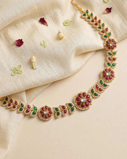 Handmade Kundan Pearl Matha Patti, Red Green Floral Bridal Headpiece, Boho Ethnic Jewelry