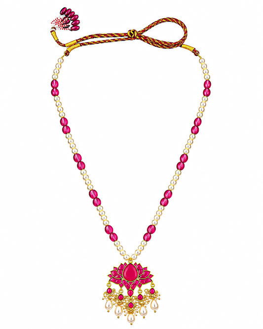Pink Lotus Pearl Beads Long Pendant Necklace Set, Indian Bridal Jewelry, Kundan Ethnic Necklace, Lotus Pendant Jewelry, Wedding Pearl Mala