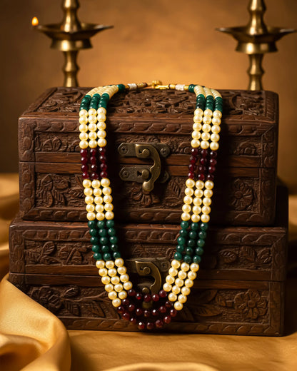 Multi-Layer Pearl Green and Pink Beads Dulha Mala Necklace, Traditional Indian Groom Sherwani Jewelry