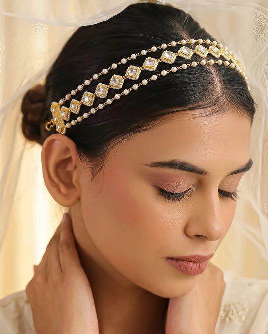 Kundan Pearl Matha Patti Headpiece, Gold Boho Bridal Wedding Hair Accessory