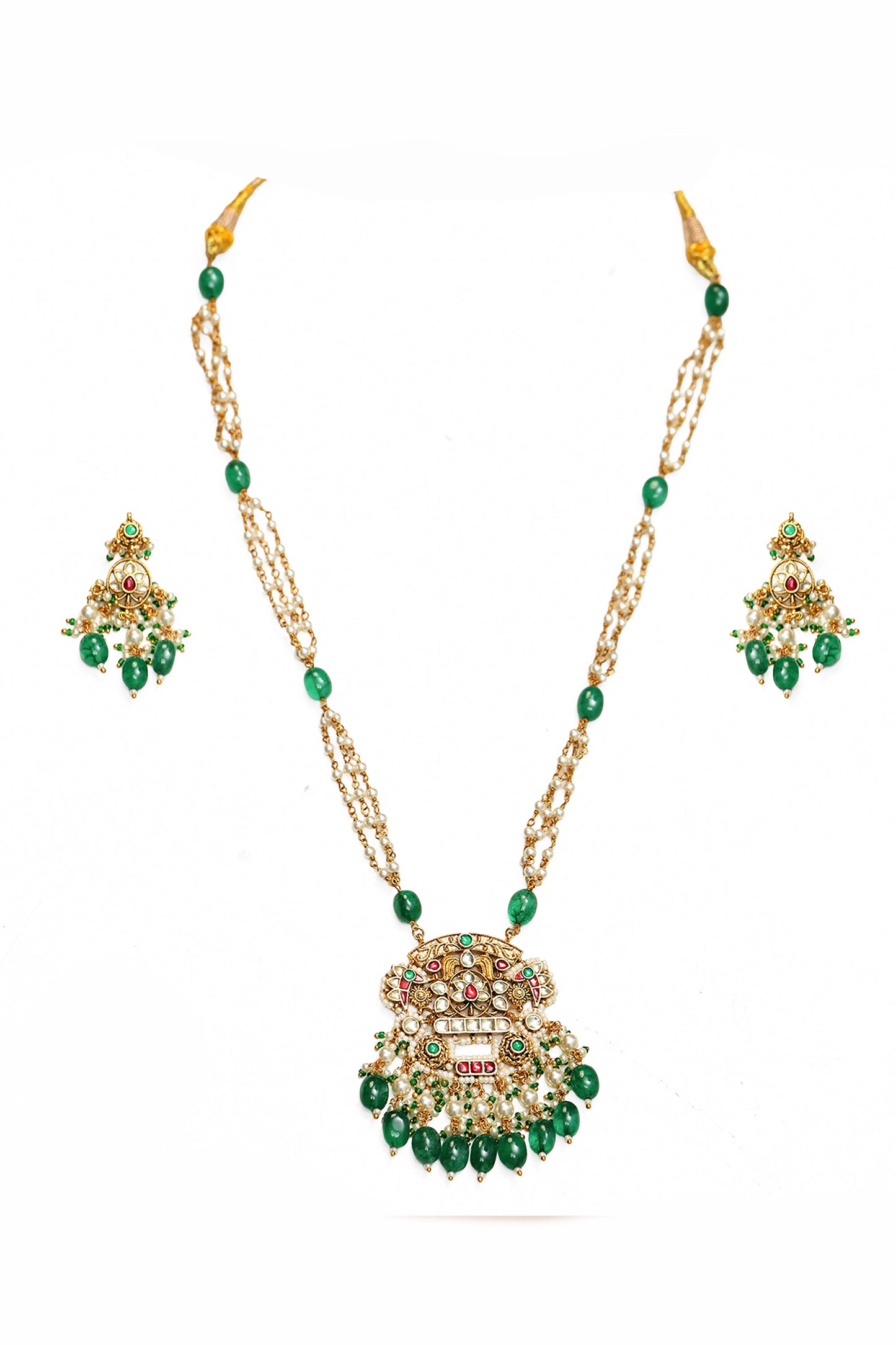 Designer Gold Plated Indian Jewelry Set – Pearl Necklace with Green Stone