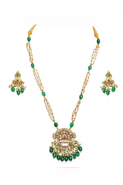 Designer Gold Plated Indian Jewelry Set – Pearl Necklace with Green Stone
