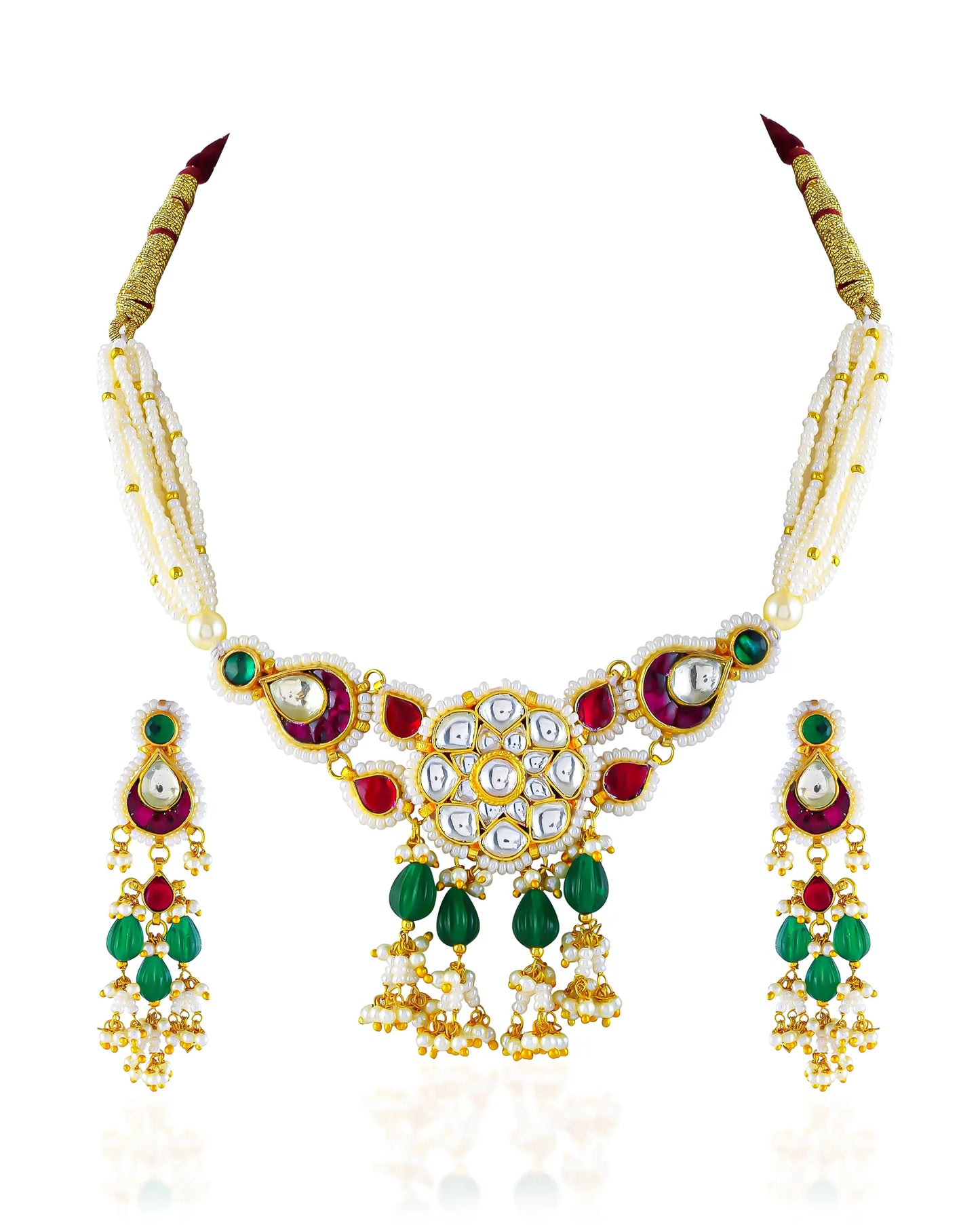 Elegant Pearl Beaded Necklace with Green Stone and Kundan Pendant, Handmade Indian Jewelry