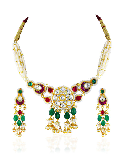 Elegant Pearl Beaded Necklace with Green Stone and Kundan Pendant, Handmade Indian Jewelry