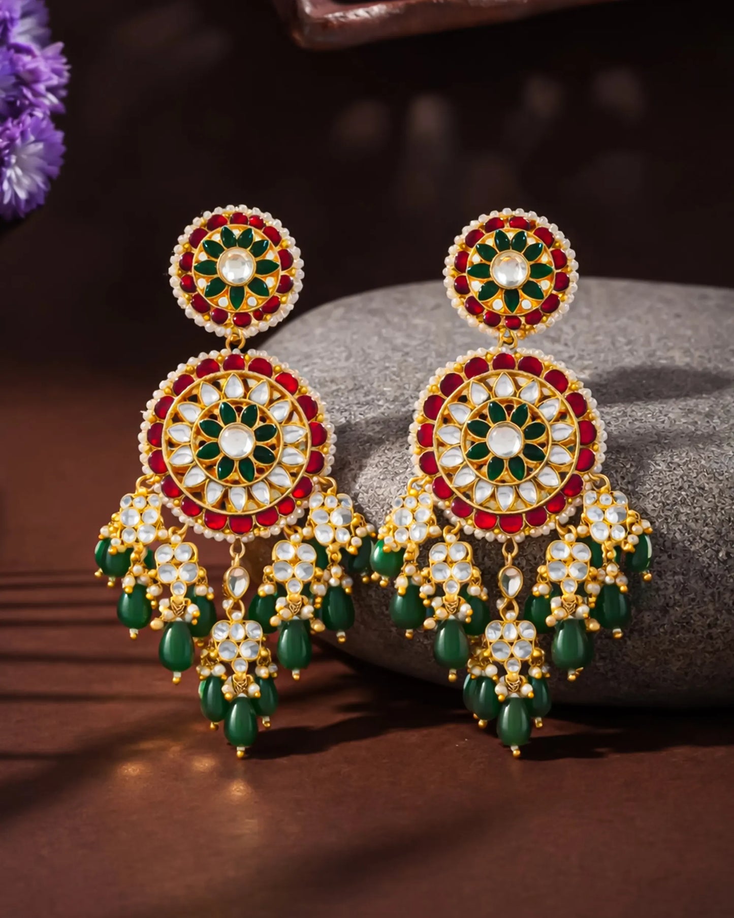 Long Gold-Plated Polki Jadau Earrings, Green Bead Drops Floral Jewelry