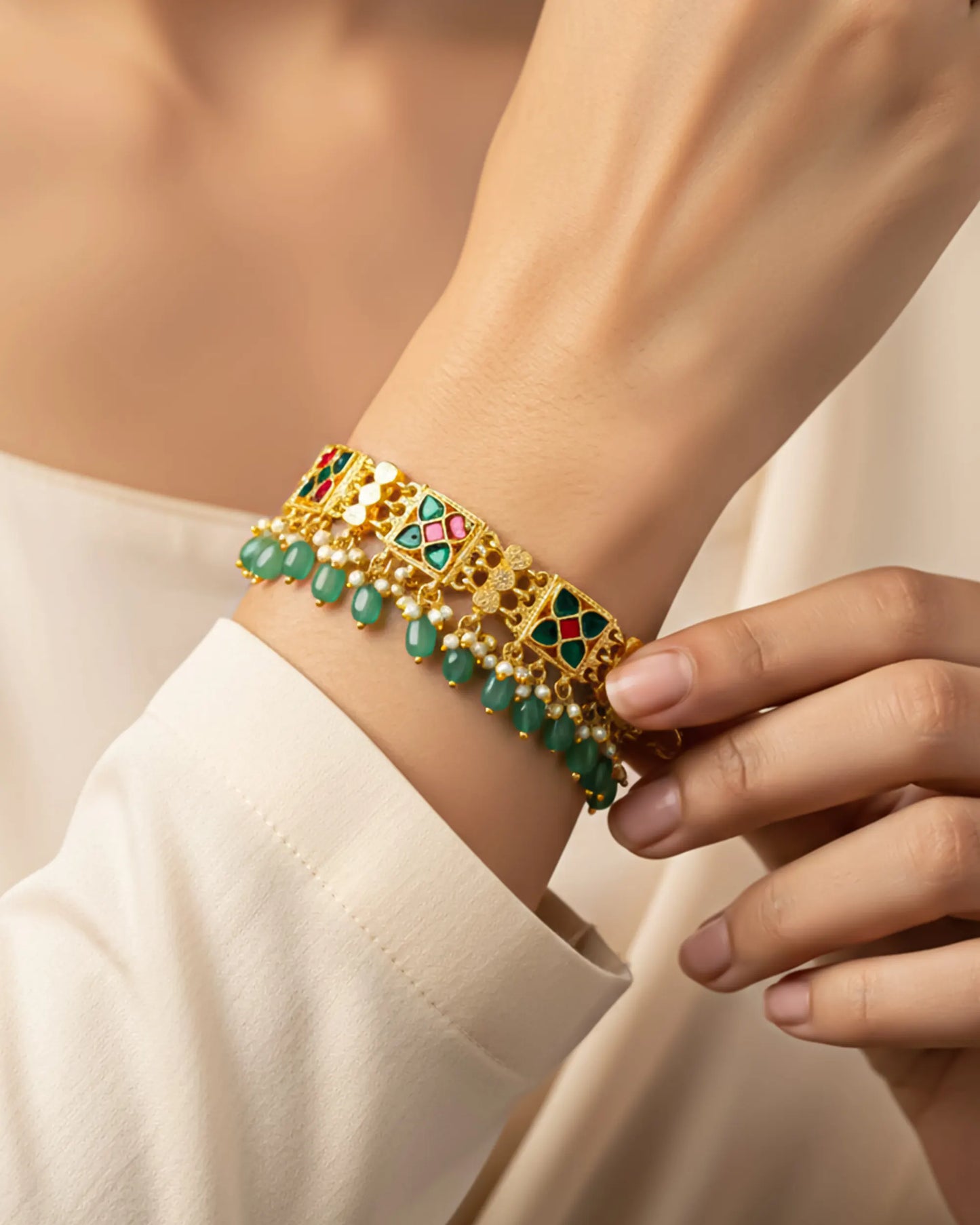 Traditional Kundan Beaded Bracelet, Gold Tone Ethnic Bridal Jewelry