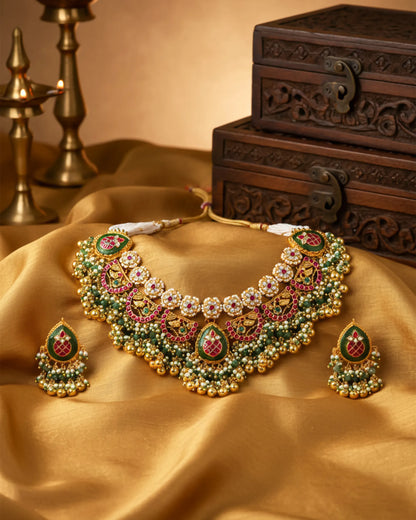 Antique Gold Plated Kundan Necklace Set, Pink Green Stone Bridal Choker