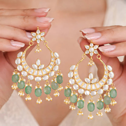 Bridal Jadau Chandbali Earrings with Pearls Green Beads
