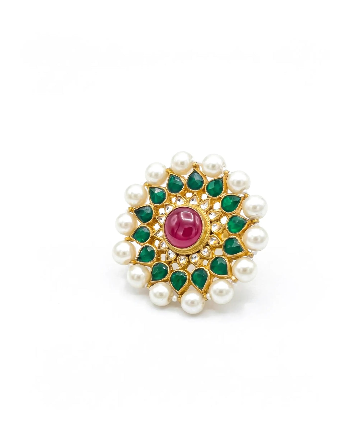 Handcrafted Kundan Ring, Pearl Gold-Plated, Indian Bridal Adjustable Jewelry