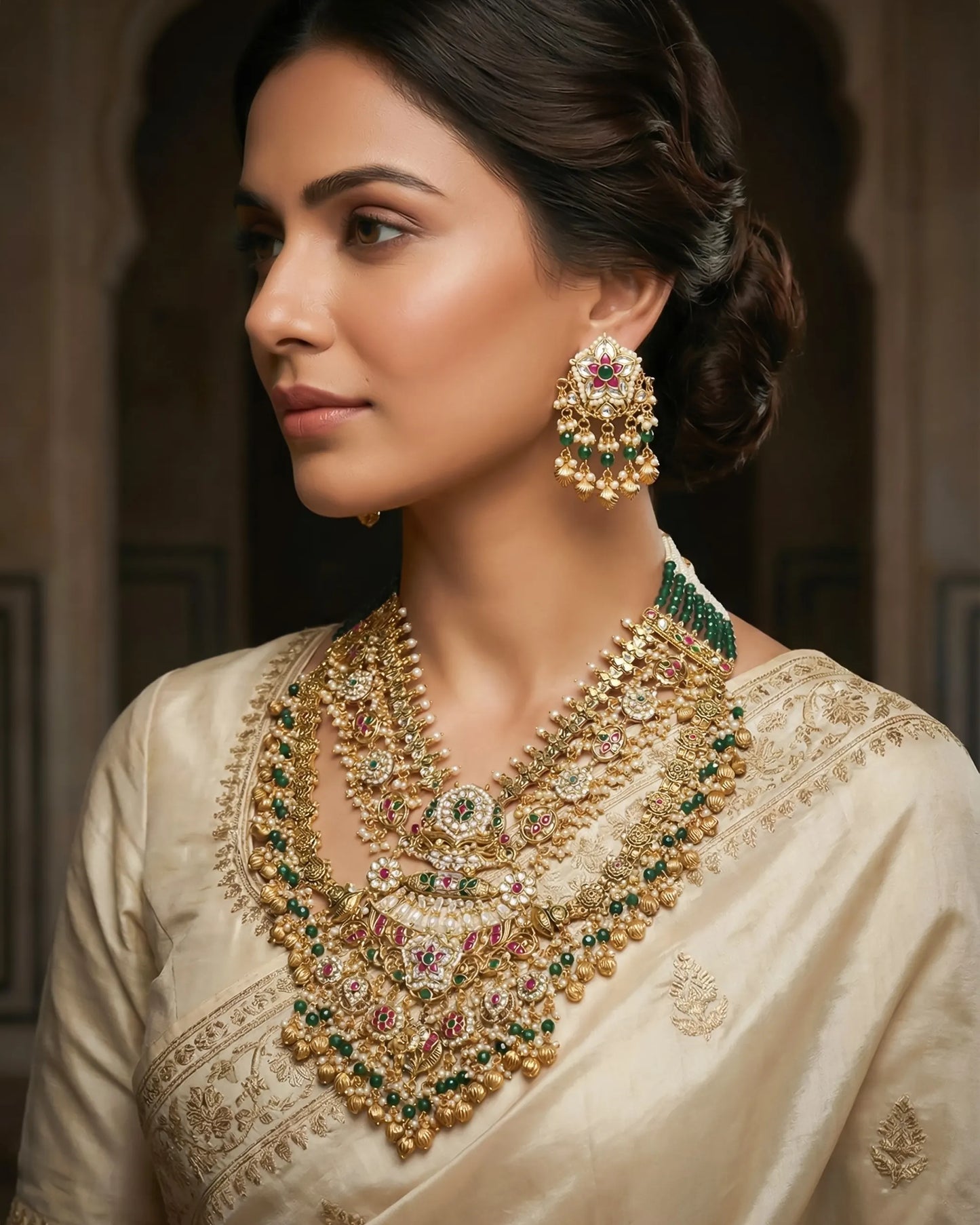 Antique Gold Plated Kundan Polki Necklace Earrings Set, Traditional Indian Bridal Jewelry