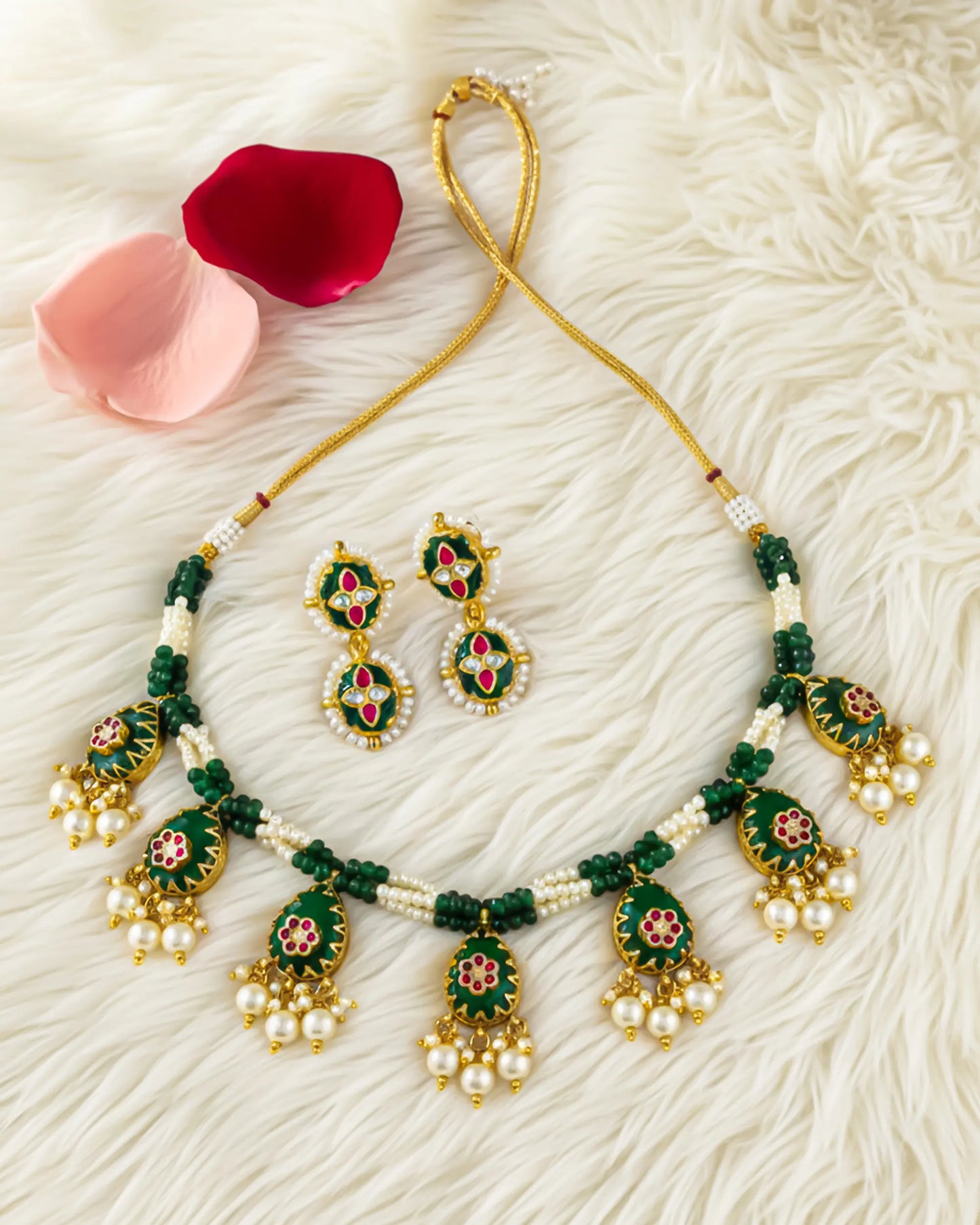 Handmade Kundan Meenakari Pearl Green Beaded Necklace Set, Bridal Wedding Jewelry