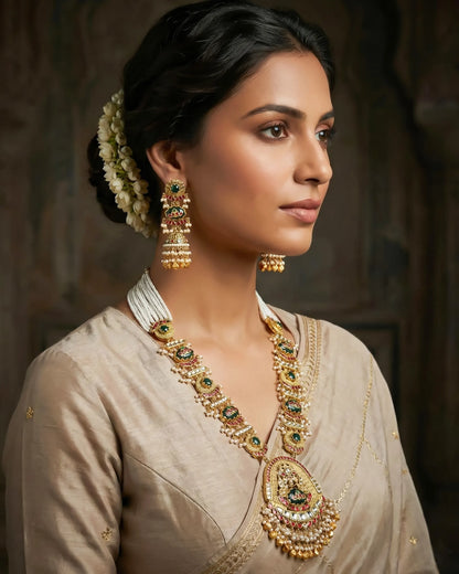 Antique Gold Kundan Bridal Necklace Set, Green Red Stones, Rajasthani Pearl Haar