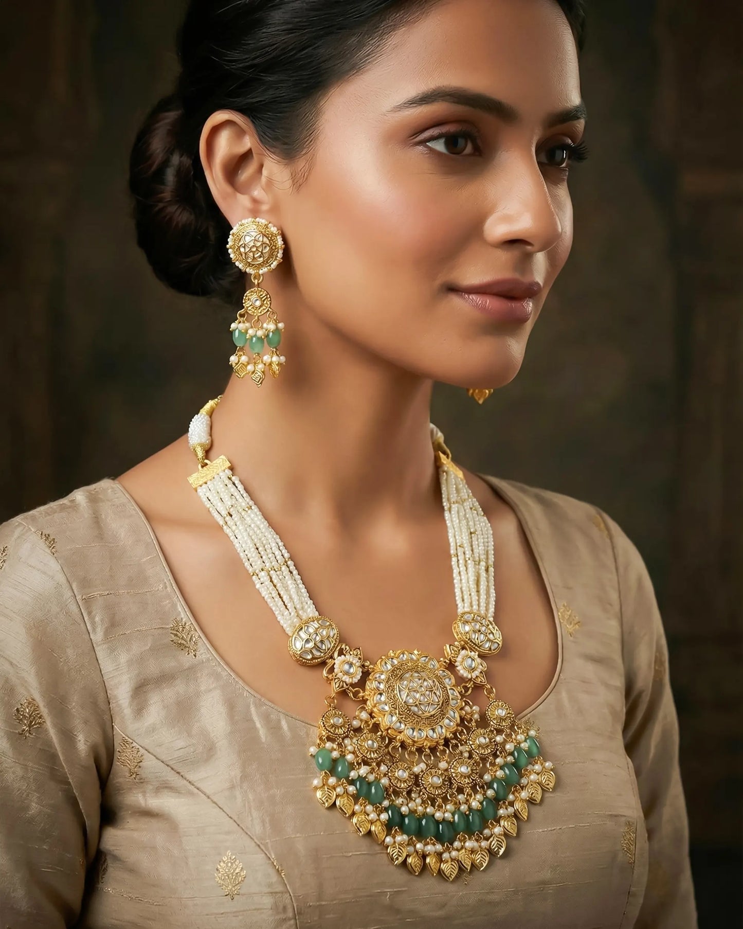 Kundan Pearl Bridal Necklace Set, Green Stone Indian Wedding Jewelry, Gold Ethnic Statement Earrings