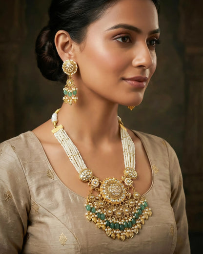 Kundan Pearl Bridal Necklace Set, Green Stone Indian Wedding Jewelry, Gold Ethnic Statement Earrings