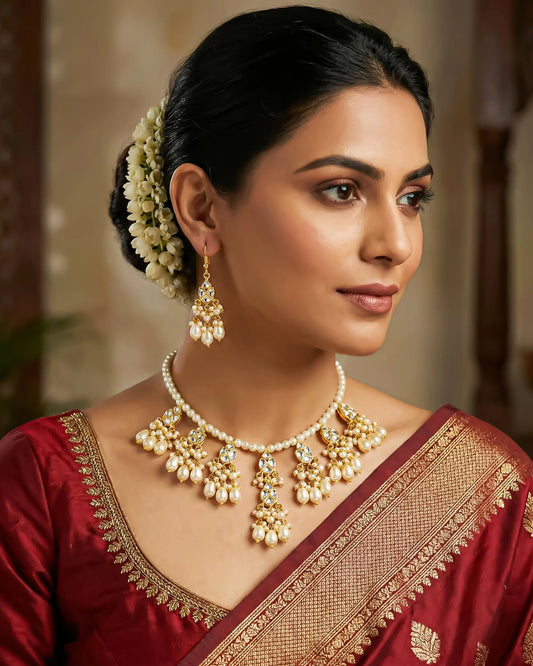 Kundan Meenakari Pearl Necklace Set with Dangle Earrings, Gold Tone Bridal Jewelry
