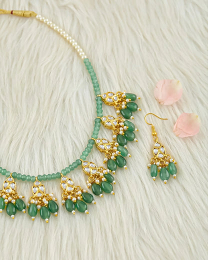 Handmade Kundan Bridal Jewelry Set: Green Beads and Pearls Necklace Earrings Jewelry