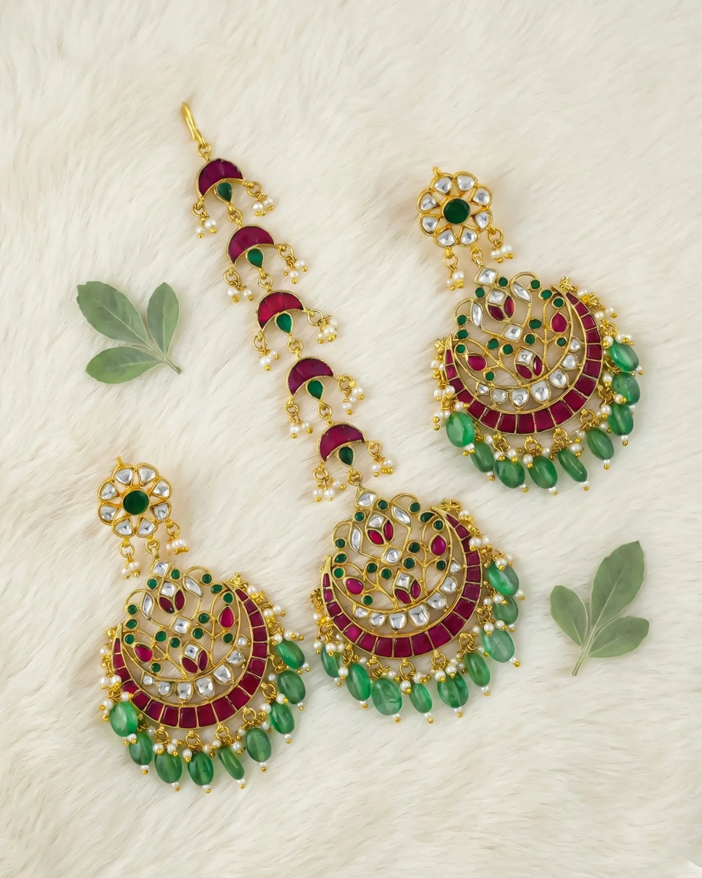Kundan Chandbali Maang Tikka Earrings Set