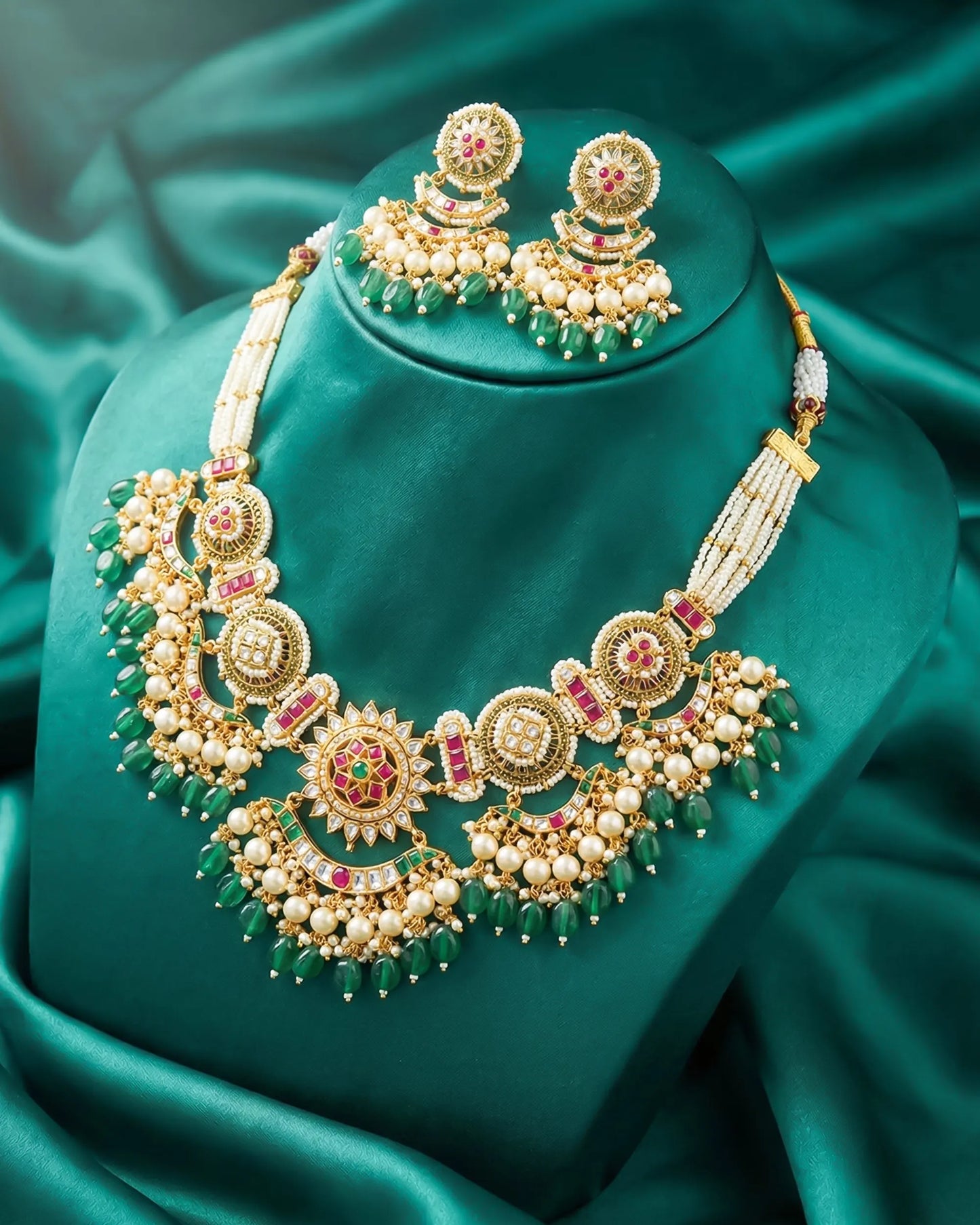 Indian Bridal Necklace Set, Gold Kundan Choker with Green Beads, Pearl Drops