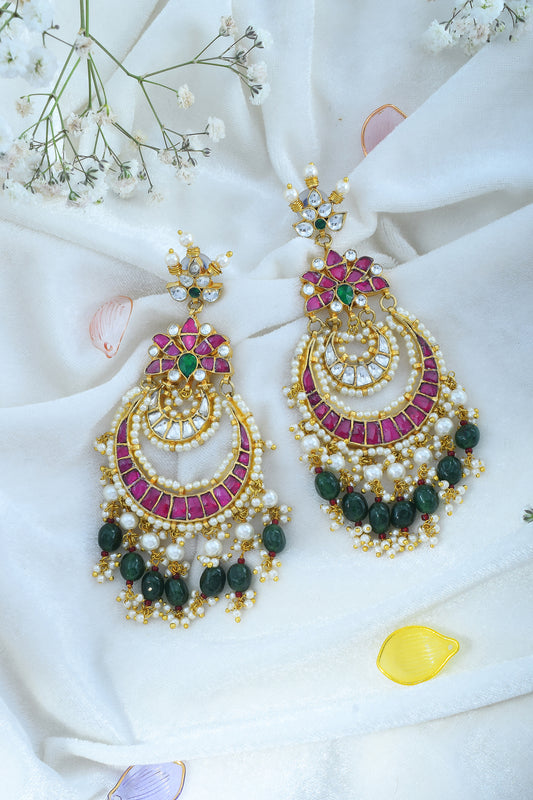 Traditional Jadau Layered Chandbali Earrings, 18K Gold Plated Kundan Polki Jewelry