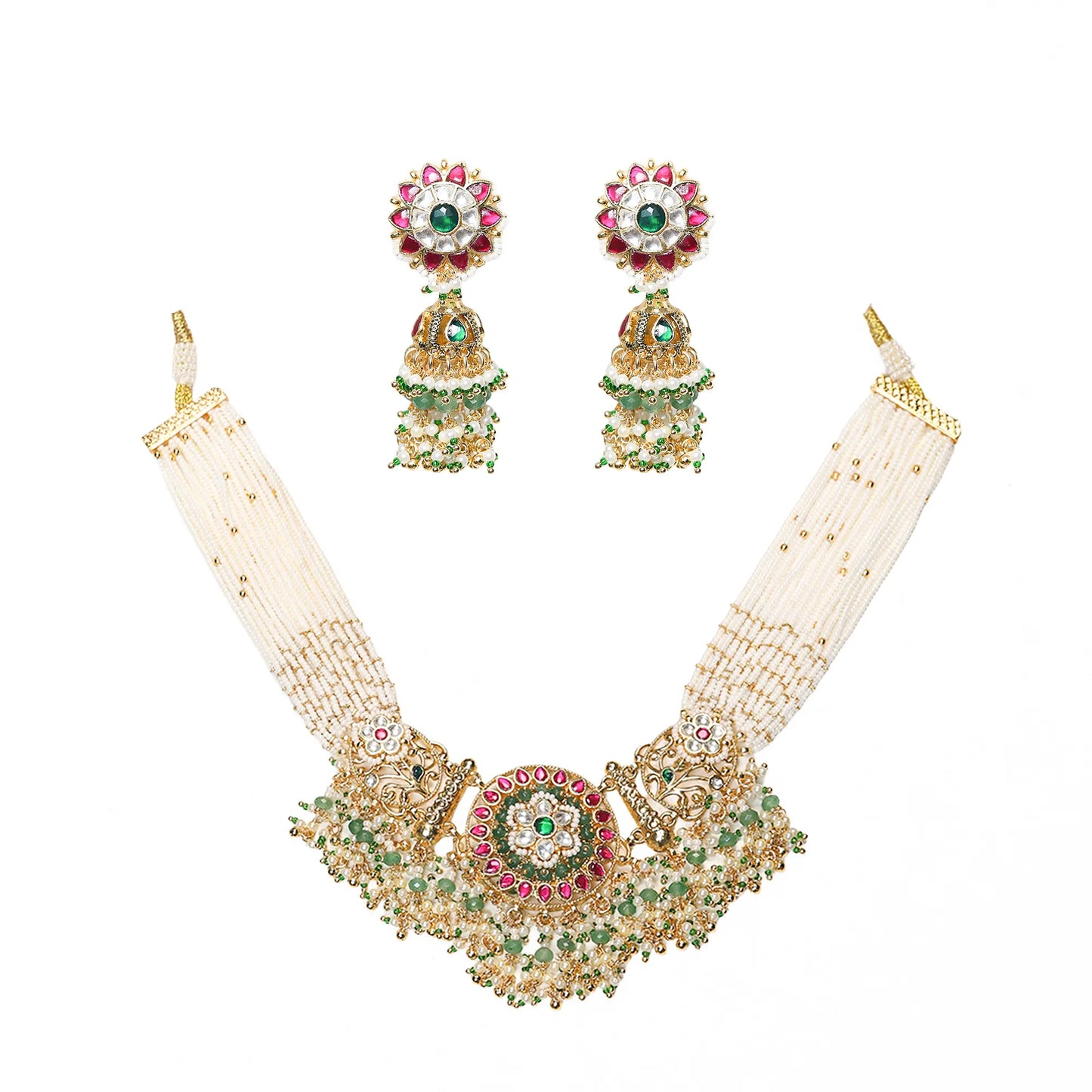 Green Kundan Choker Necklace Set with Pearl Strands, Indian Wedding Jewelry, Statement Choker with Jhumka Earrings, Gold Bridal Set