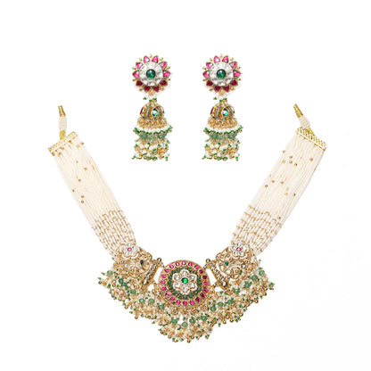 Green Kundan Choker Necklace Set with Pearl Strands, Indian Wedding Jewelry, Statement Choker with Jhumka Earrings, Gold Bridal Set