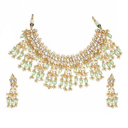 Kundan Bridal Necklace Set, Mint Green Beads, Gold Pearl Choker, Indian Wedding Jewelry