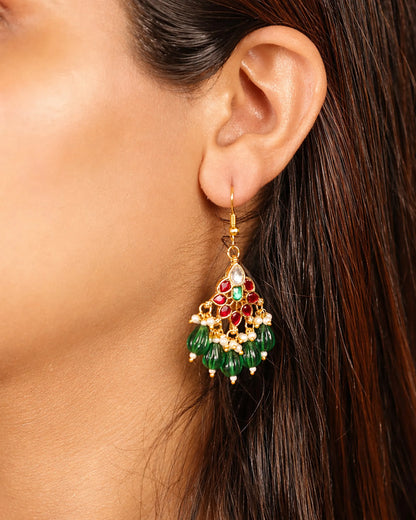Handmade Long Pendant Necklace Set, Indian Pearl Mala Jewelry, Kundan Bridal Necklace, Ethnic Wedding Jewelry Set, Green Red Pendant Set