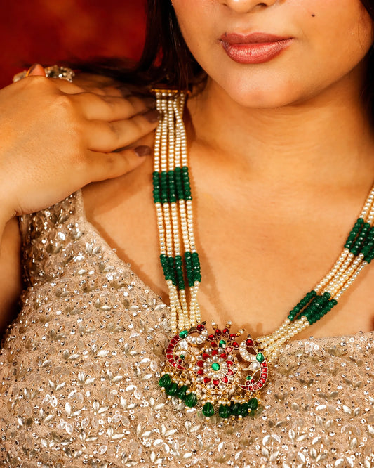 Handmade Long Pendant Necklace Set, Indian Pearl Mala Jewelry, Kundan Bridal Necklace, Ethnic Wedding Jewelry Set, Green Red Pendant Set