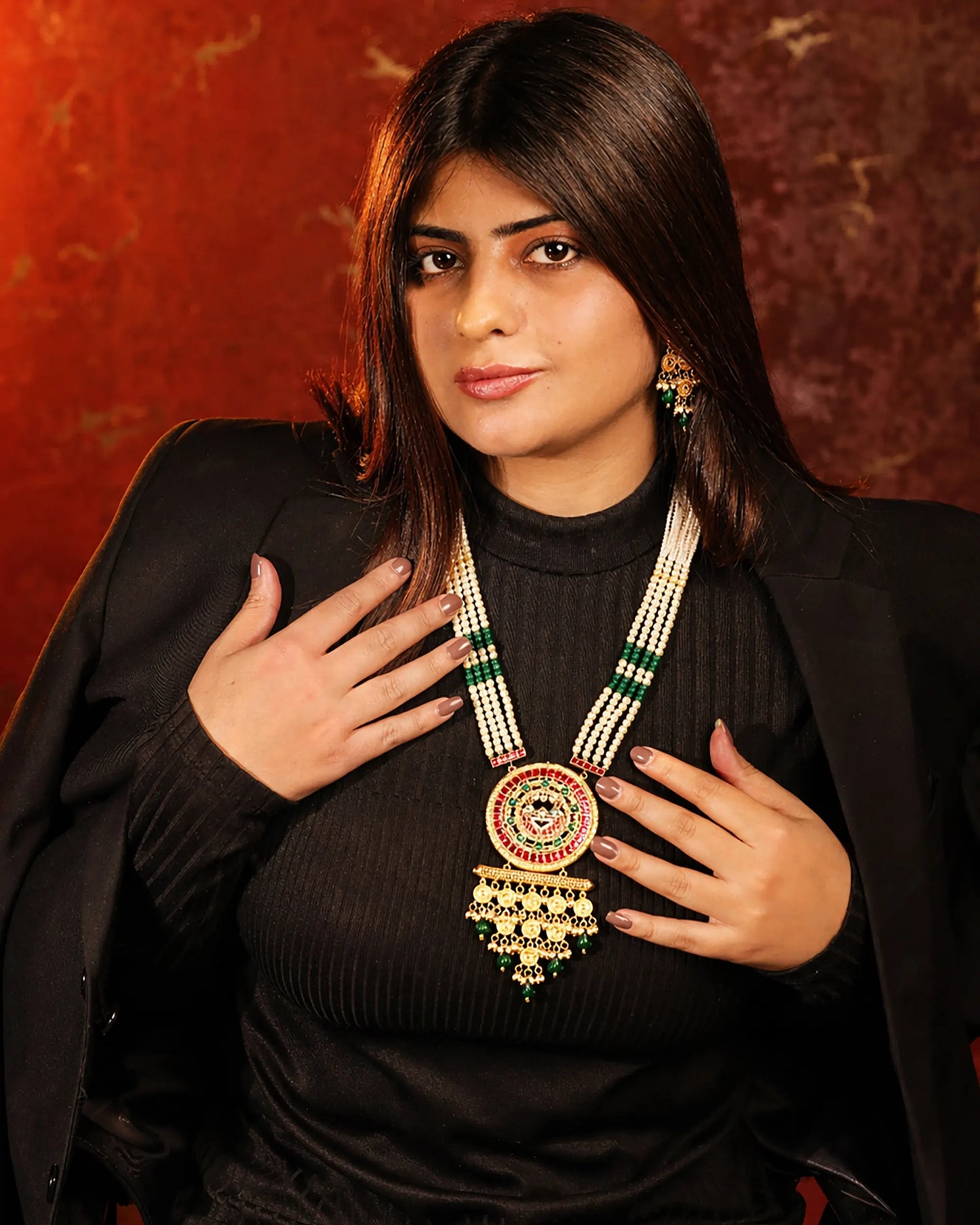 Traditional Long Pendant Necklace Set, Indian Pearl Mala Jewelry, Kundan Bridal Necklace, Ethnic Wedding Jewelry Set, Green Red Pendant Set