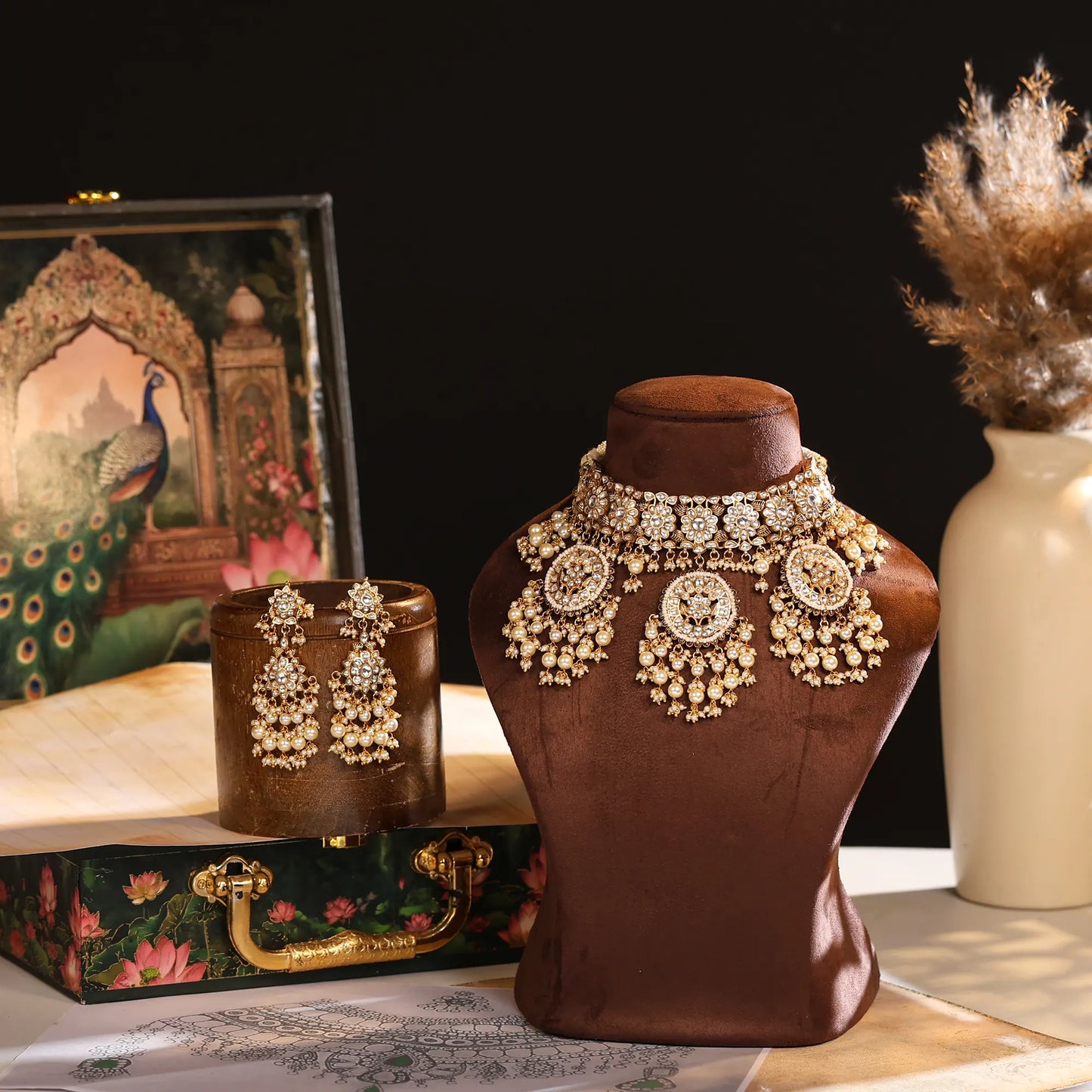 Kundan Pearl Bridal Necklace Set, Indian Wedding Jewelry Set, Gold Choker Necklace with Earrings, Traditional Bridal Jewelry