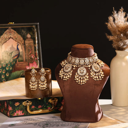 Kundan Pearl Bridal Necklace Set, Indian Wedding Jewelry Set, Gold Choker Necklace with Earrings, Traditional Bridal Jewelry