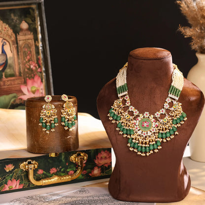 Kundan Choker Set with Green Bead Necklace & Earrings, Indian Bridal Wedding Jewelry