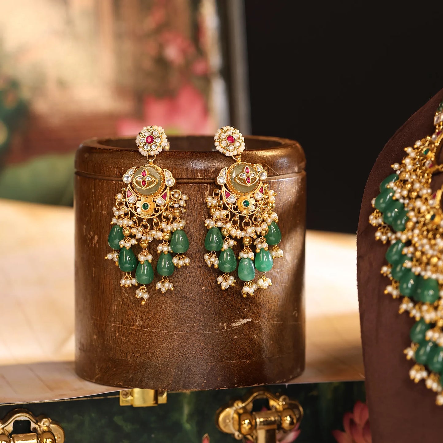 Kundan Choker Set with Green Bead Necklace & Earrings, Indian Bridal Wedding Jewelry