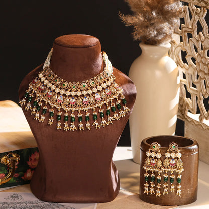 Kundan Meenakari Bridal Choker Necklace Set, Green Bead Pearl Wedding Jewelry, Indian Gold Bridal Jewelry Set with Earrings