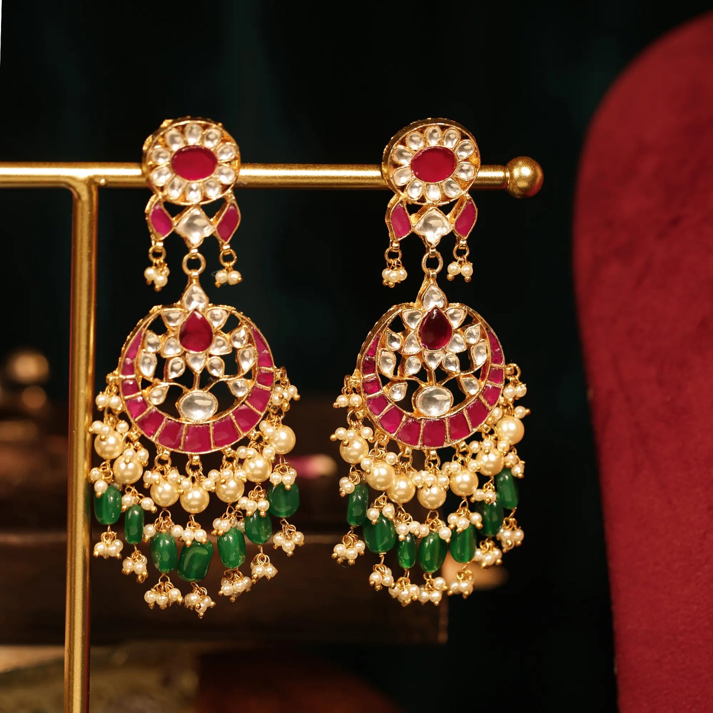 Kundan Bridal Choker Necklace Set, Red Green Pearl Indian Wedding Jewelry, Meenakari Gold Choker Set with Earrings, Statement Ethnic Jewelry