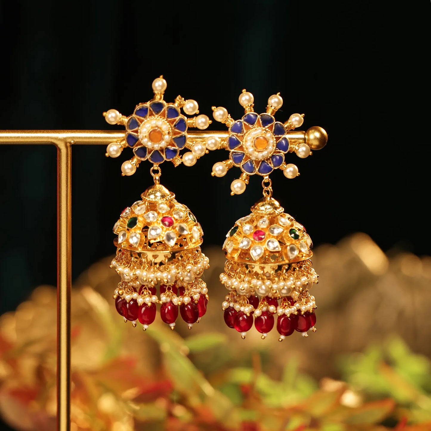 Kundan Choker Necklace Set with Jhumka Earrings, Traditional Indian Bridal Jewelry, Pearl & Ruby Beaded Gold Choker, Wedding Jewelry Set