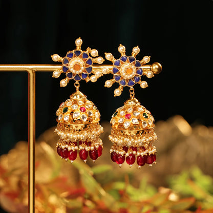 Kundan Choker Necklace Set with Jhumka Earrings, Traditional Indian Bridal Jewelry, Pearl & Ruby Beaded Gold Choker, Wedding Jewelry Set