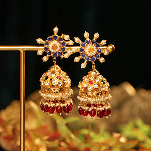 Kundan Choker Necklace Set with Jhumka Earrings, Traditional Indian Bridal Jewelry, Pearl & Ruby Beaded Gold Choker, Wedding Jewelry Set