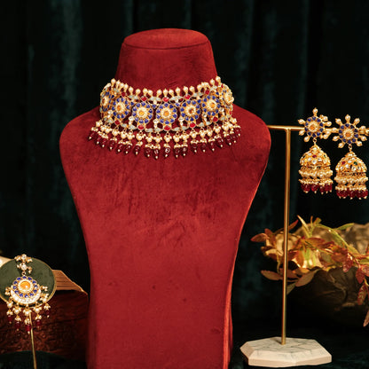 Kundan Choker Necklace Set with Jhumka Earrings, Traditional Indian Bridal Jewelry, Pearl & Ruby Beaded Gold Choker, Wedding Jewelry Set