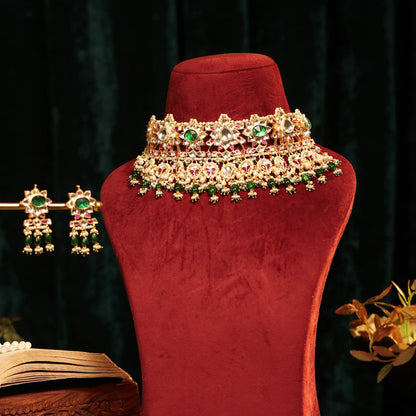 Designer Sparkling Kundan Choker Set – Green Bead Necklace with Floral Earrings