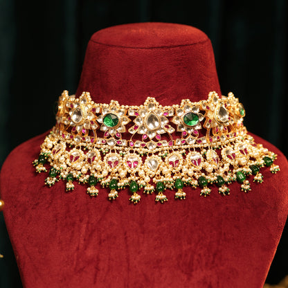 Gold Plated Kundan Sparkling Choker & Earrings Set – Bridal Necklace