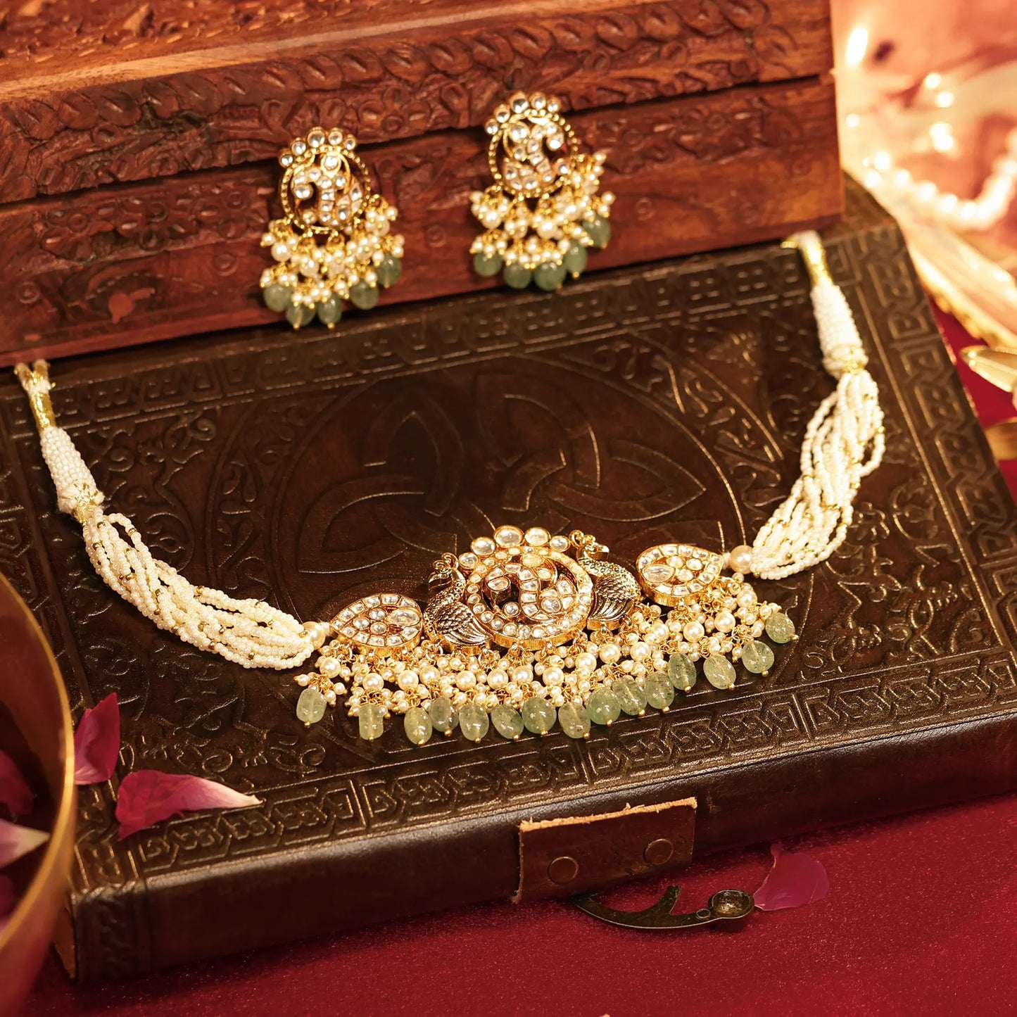 Kundan Choker Necklace Set with Earrings, Peacock Bridal Jewelry, Pearl Multi Strand Choker, Wedding Jewelry, Ethnic Necklace Jewelry